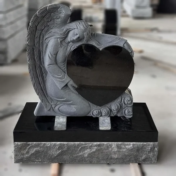 black granite angel heart headstone for grave